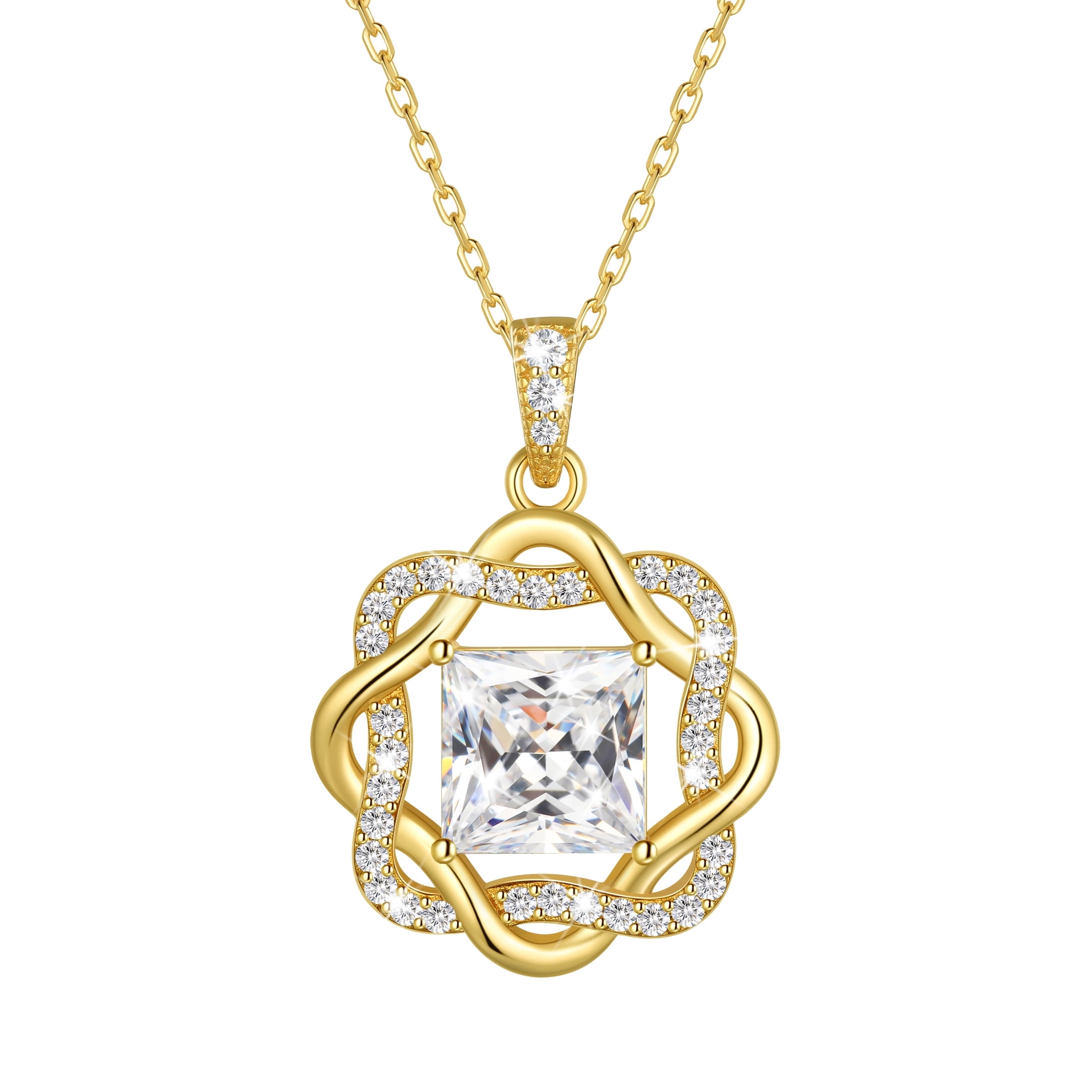 Beautlace Moissanite Necklace for Women,2 Carat D VVS1 Square Cut, 14K Gold Plated 925 Sterling Silver Starflower Pendant Jewelry Gift for Birthday Christmas Anniversary Wedding