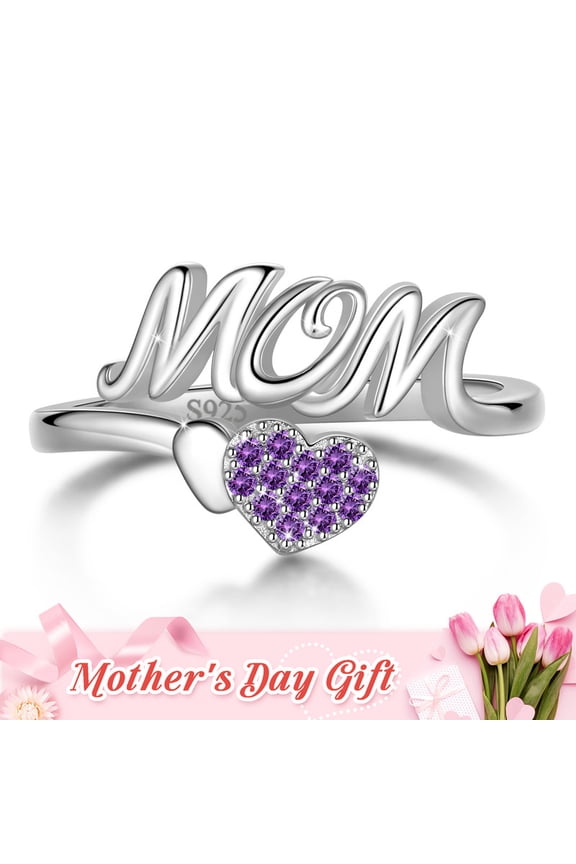 Mom Adjustable Ring,925 Sterling Silver Love Heart February Amethyst Birthstone Open Rings Mothers'Day Birthday Jewelry Gifts for Her Mom Women Gandma