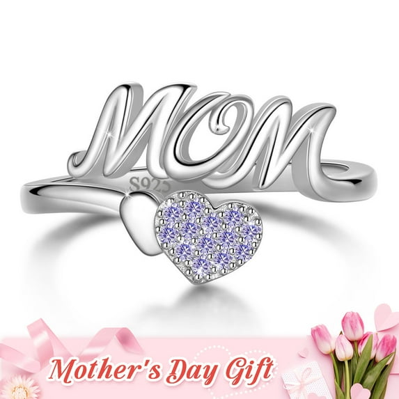 Beautlace Mom Adjustable Ring,925 Sterling Silver Love Heart June Alexandrite Birthstone Open Rings Mothers'Day Birthday Jewelry Gifts for Her Mom Women Gandma