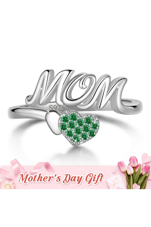 Mom Adjustable Ring,925 Sterling Silver Love Heart May Emerald Birthstone Open Rings Mothers'Day Birthday Jewelry Gifts for Her Mom Women Gandma