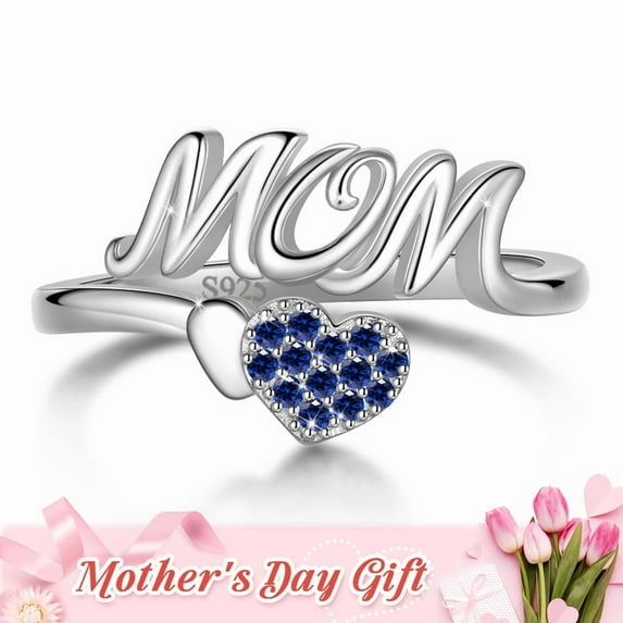Beautlace Mom Adjustable Ring,925 Sterling Silver Love Heart September Sapphire Birthstone Open Rings Mothers'Day Birthday Jewelry Gifts for Her Mom Women Gandma