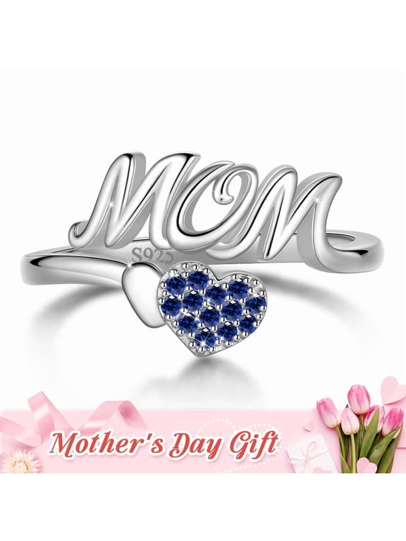 Mom Adjustable Ring,925 Sterling Silver Love Heart September Sapphire Birthstone Open Rings Mothers'Day Birthday Jewelry Gifts for Her Mom Women Gandma