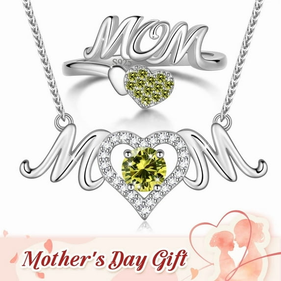Beautlace Mom Necklace and Ring Set,925 Sterling Silver Love Heart August Peridot Birthstone Pendant Necklace/Adjustable Open Rings Jewelry Set Mother's Day Birthday Gifts for Mom Women Her Gandma