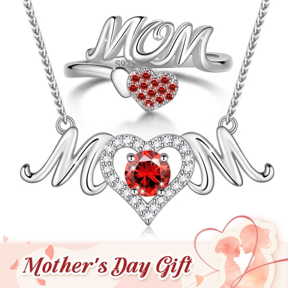 Beautlace Mom Necklace and Ring Set,925 Sterling Silver Love Heart January Garnet Birthstone Pendant Necklace/Adjustable Open Rings Jewelry Set Mother's Day Birthday Gifts for Mom Women Her Gandma