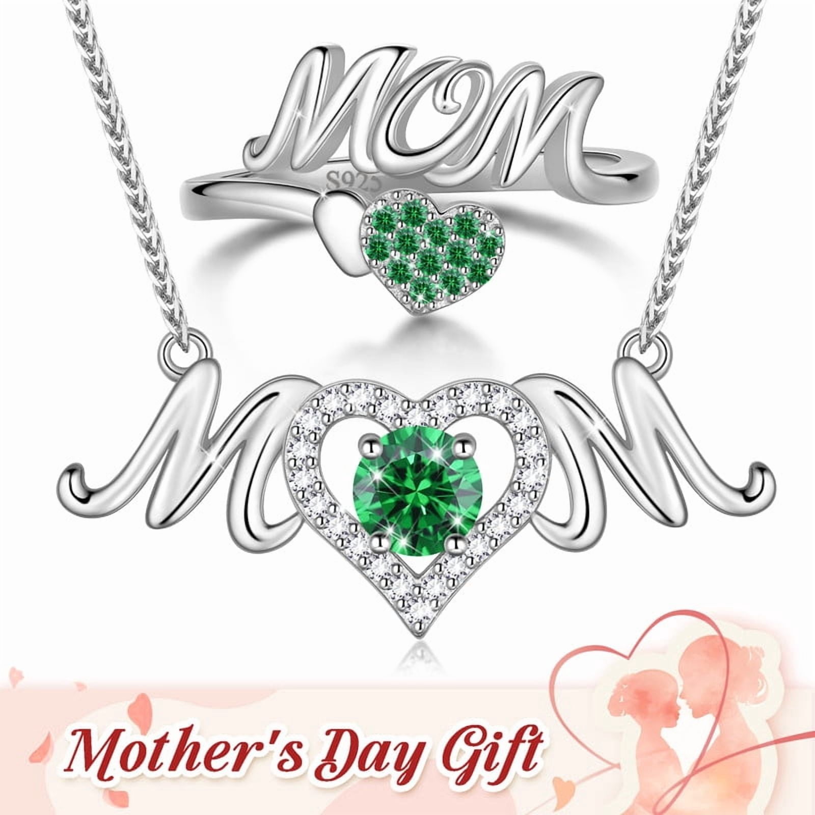 Beautlace Mom Necklace and Ring Set,925 Sterling Silver Love Heart May Emerald Birthstone Pendant Necklace/Adjustable Open Rings Jewelry Set Mother's Day Birthday Gifts for Mom Women Her Gandma