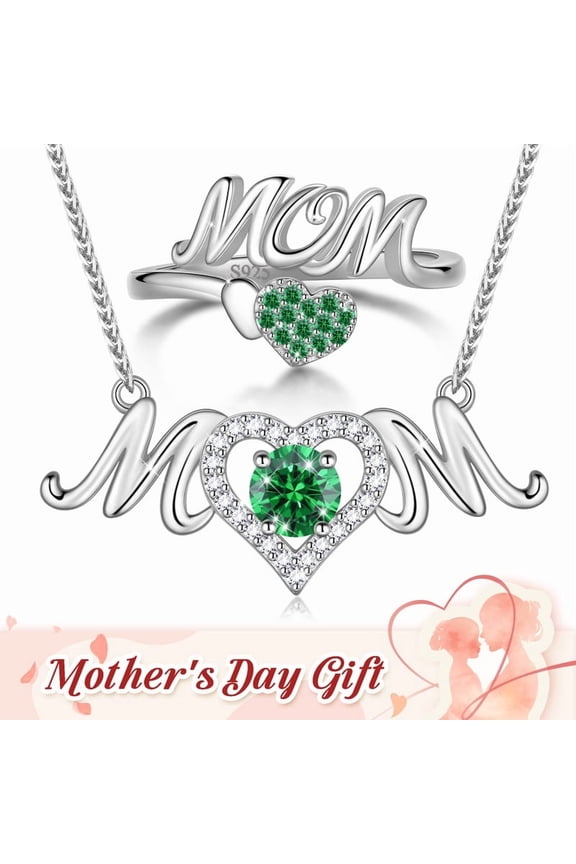 Mom Necklace and Ring Set,925 Sterling Silver Love Heart May Emerald Birthstone Pendant Necklace/Adjustable Open Rings Jewelry Set Mother's Day Birthday Gifts for Mom Women Her Gandma