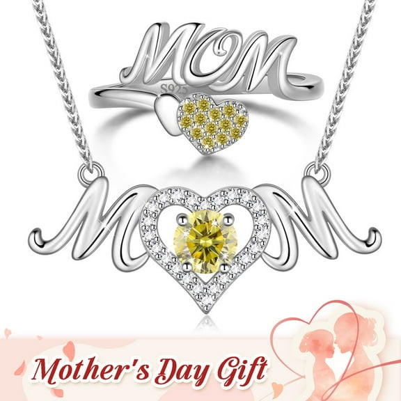 Beautlace Mom Necklace and Ring Set,925 Sterling Silver Love Heart November Citrine Birthstone Pendant Necklace/Adjustable Open Rings Jewelry Set Mother's Day Birthday Gifts for Mom Women Her Gandma