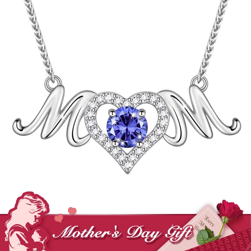 Mom Pendant Necklace 925 Sterling Silver Love Heart December Tanzanite Birthstone Necklace Mother's Day Birthday Jewelry Gifts for Mom Women Grandma