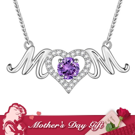 Beautlace Mom Pendant Necklace 925 Sterling Silver Love Heart February Amethyst Birthstone Necklace Mother's Day Birthday Jewelry Gifts for Mom Women Grandma