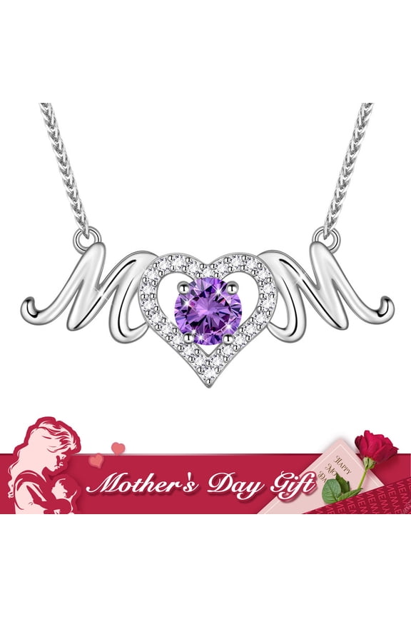 Mom Pendant Necklace 925 Sterling Silver Love Heart February Amethyst Birthstone Necklace Mother's Day Birthday Jewelry Gifts for Mom Women Grandma