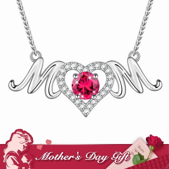 Beautlace Mom Pendant Necklace 925 Sterling Silver Love Heart July Ruby Birthstone Necklace Mother's Day Birthday Jewelry Gifts for Mom Women Grandma