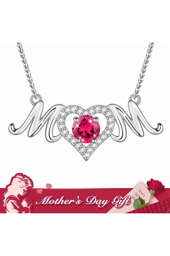 Mom Pendant Necklace 925 Sterling Silver Love Heart July Ruby Birthstone Necklace Mother's Day Birthday Jewelry Gifts for Mom Women Grandma