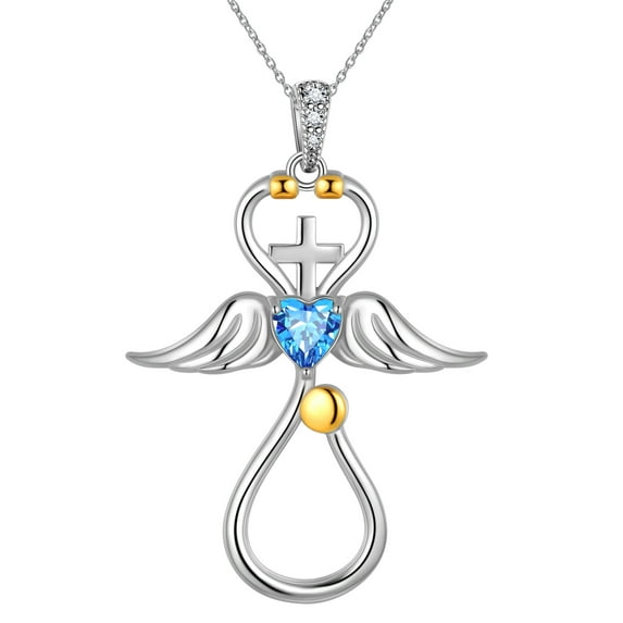 Beautlace Nurse Necklace ,18K Gold Over 925 Sterling Silver Angel Wing Cross Stethoscope Necklace with Heart Birthstone Necklace Medical Jewelry Gift for Doctor Nurse Graduation Medical Student