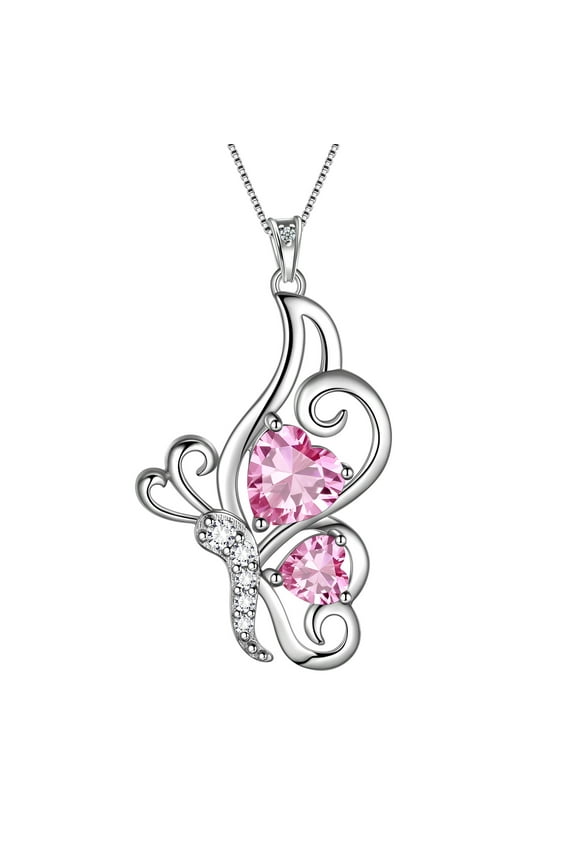 Pink Butterfly Heart Necklace,925 Sterling Silver Animal Butterflies October Created Tourmaline Birthstone Pendant Necklace Fine Jewelry Anniversary Birthday Christmas Gifts for Women