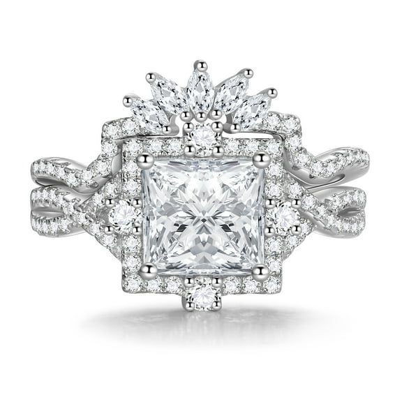 Beautlace Princess Cut Engagement Rings Set for Women,3 Carat Bridal Ring Set 925 Sterling Silver AAAAA Cz Promise Band Ring Set Jewelry Gift for Her-Size 7