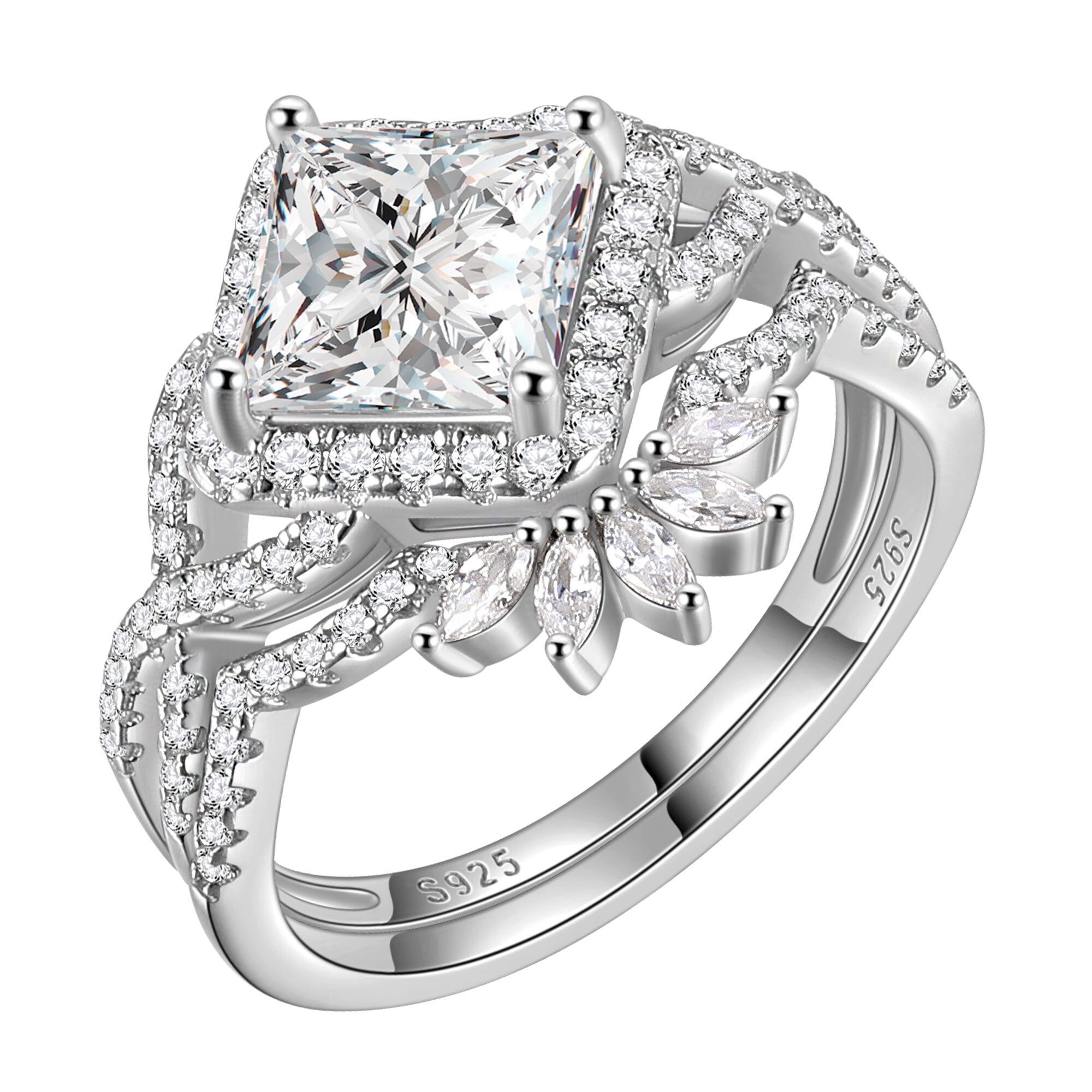 Cubic Zirconia Rings Set 925 Sterling Silver Double Halo Stackable Guard Enhancer Ring Jewelry For Women