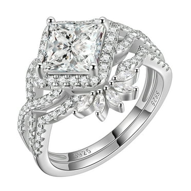 Beautlace Princess Cut Engagement Rings Set for Women,Moissanite 2 Carat Promise Ring for Her,925 Sterling Silver Double Halo Ring Bridal Ring Set-Size 7