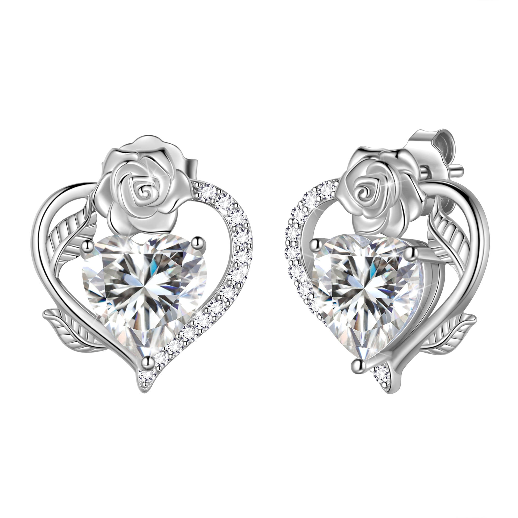 Beautlace Rose Heart Birthstone Earrings,April Birthstone Rose Flower