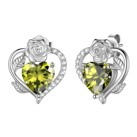 Beautlace Rose Heart Birthstone Earrings,August Birthstone Rose Flower Heart Earrings Studs 925 Sterling Silver Jewelry Gifts for Women