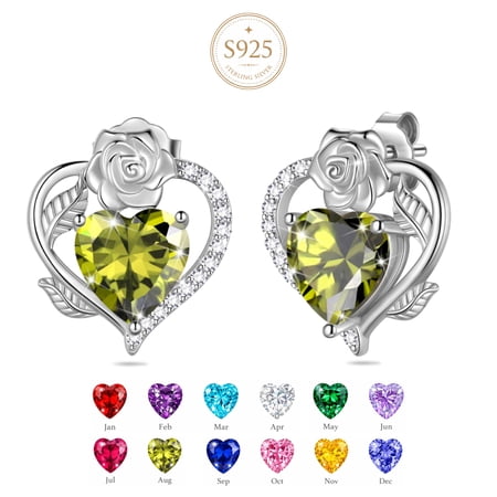 Beautlace Rose Heart Birthstone Earrings,August Birthstone Rose Flower Heart Earrings Studs 925 Sterling Silver Jewelry Gifts for Women
