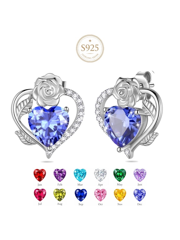 925 Sterling Silver Rose Heart Birthstone Earrings,December Birthstone Rose Flower Heart Earrings Studs Jewelry Gifts for Women