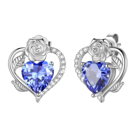 Beautlace Rose Heart Birthstone Earrings,December Birthstone Rose Flower Heart Earrings Studs 925 Sterling Silver Jewelry Gifts for Women