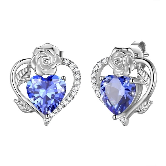 Beautlace Rose Heart Birthstone Earrings,December Birthstone Rose Flower Heart Earrings Studs 925 Sterling Silver Jewelry Gifts for Women