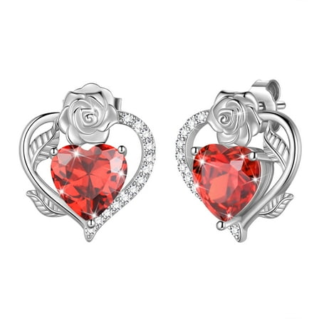 Beautlace Rose Heart Birthstone Earrings,January Birthstone Rose Flower Heart Earrings Studs 925 Sterling Silver Jewelry Gifts for Women