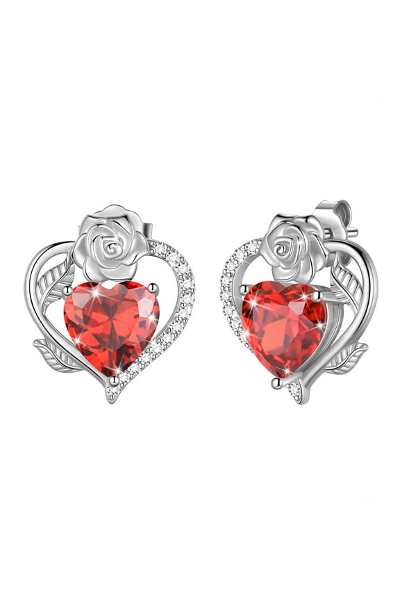 Rose Heart Birthstone Earrings,January Birthstone Rose Flower Heart Earrings Studs 925 Sterling Silver Jewelry Gifts for Women