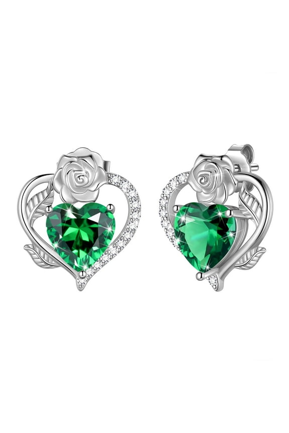 Rose Heart Birthstone Earrings,May Birthstone Rose Flower Heart Earrings Studs 925 Sterling Silver Jewelry Gifts for Women