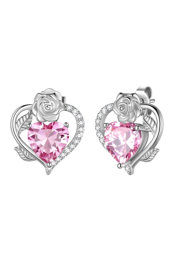 Rose Heart Birthstone Earrings,October Birthstone Rose Flower Heart Earrings Studs 925 Sterling Silver Jewelry Gifts for Women