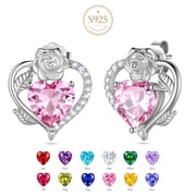 Rose Heart Birthstone Earrings,October Birthstone Rose Flower Heart Earrings Studs 925 Sterling Silver Jewelry Gifts for Women