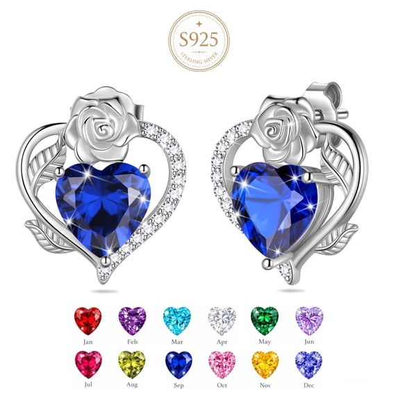 Beautlace Rose Heart Birthstone Earrings,September Birthstone Rose Flower Heart Earrings Studs 925 Sterling Silver Jewelry Gifts for Women