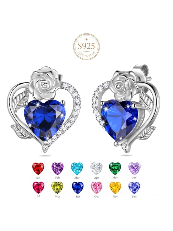 Rose Heart Birthstone Earrings,September Birthstone Rose Flower Heart Earrings Studs 925 Sterling Silver Jewelry Gifts for Women