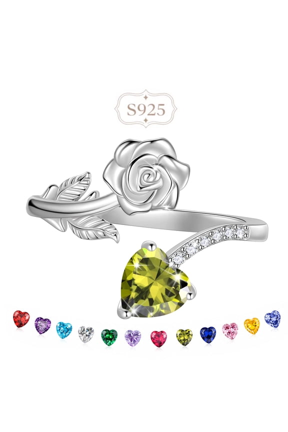 Rose Heart Birthstone Ring,925 Sterling Silver Adjustable Open Heart Rings Jewelry Gifts for Women Mom -August