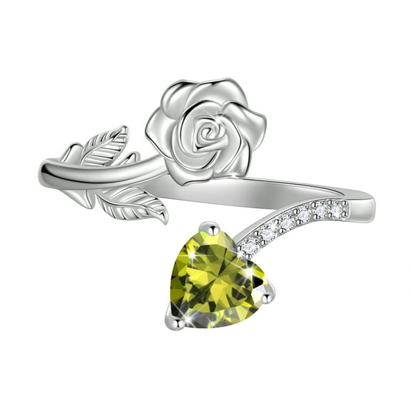 Beautlace Rose Heart Birthstone Ring,925 Sterling Silver Adjustable Open Heart Rings Jewelry Gifts for Women Mom -August