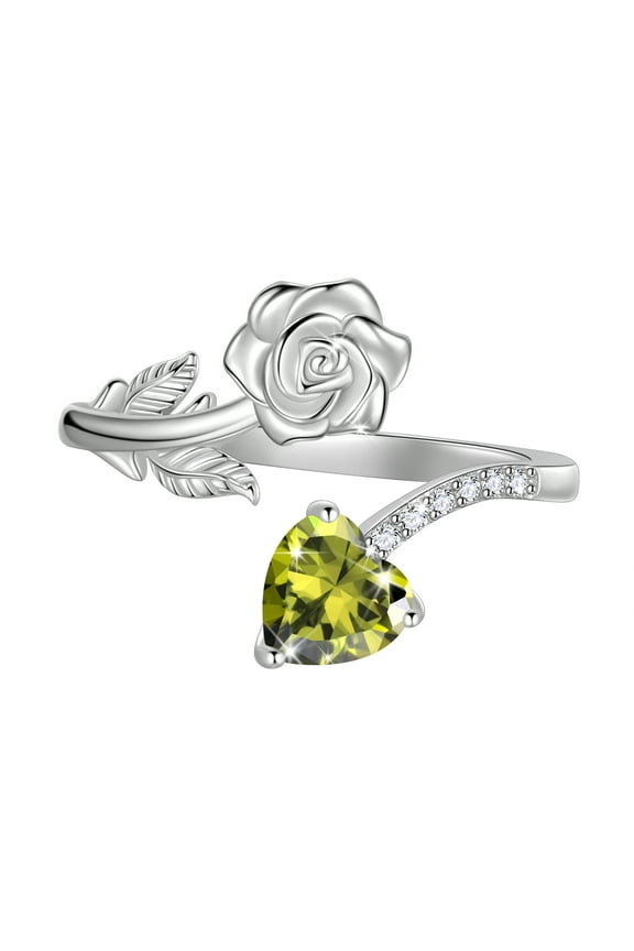 Rose Heart Birthstone Ring,925 Sterling Silver Adjustable Open Heart Rings Jewelry Gifts for Women Mom -August