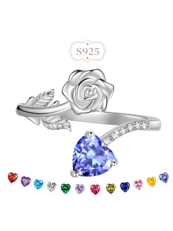 Rose Heart Birthstone Ring,925 Sterling Silver Adjustable Open Heart Rings Jewelry Gifts for Women Mom -December