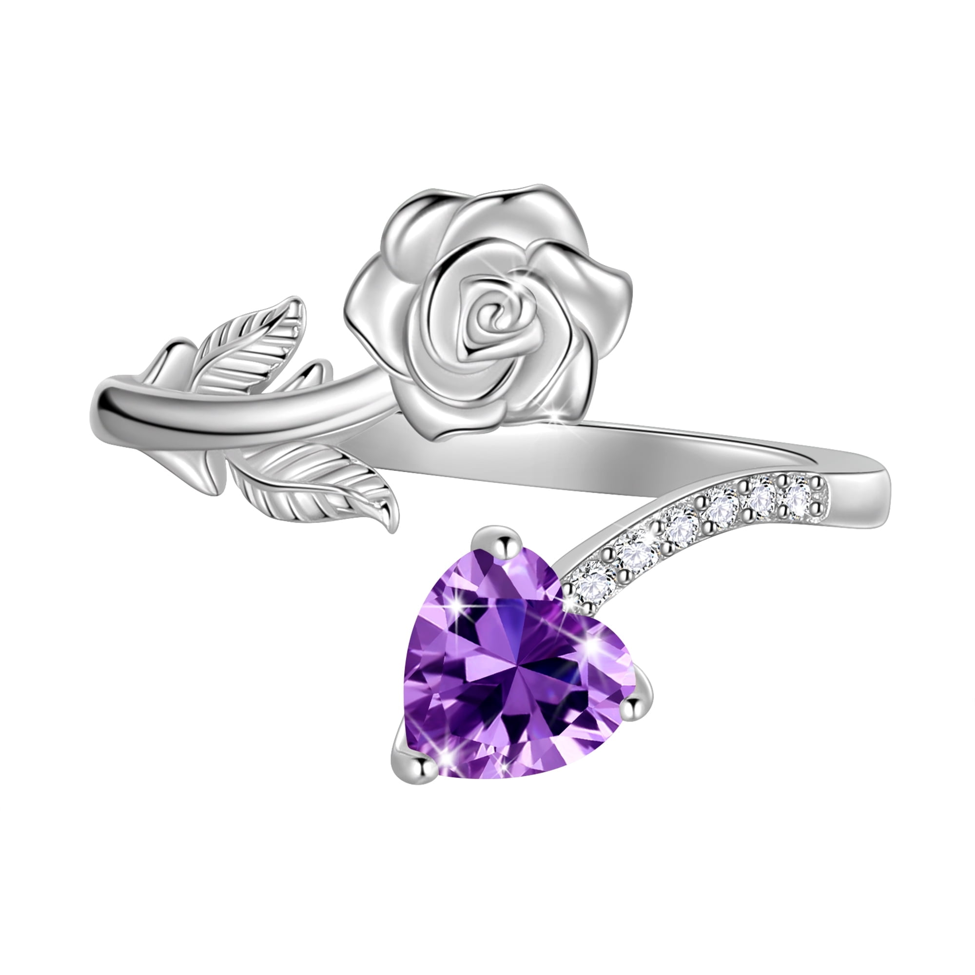 Beautlace Rose Heart Birthstone Ring,925 Sterling Silver Adjustable Open Heart Rings Jewelry Gifts for Women Mom -February