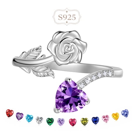 Beautlace Rose Heart Birthstone Ring,925 Sterling Silver Adjustable Open Heart Rings Jewelry Gifts for Women Mom -February