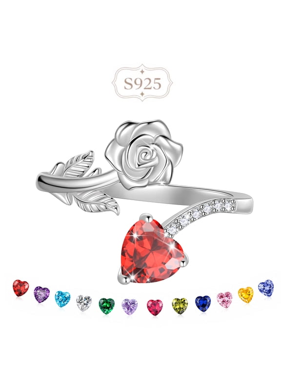 Rose Heart Birthstone Ring,925 Sterling Silver Adjustable Open Heart Rings Jewelry Gifts for Women Mom -January