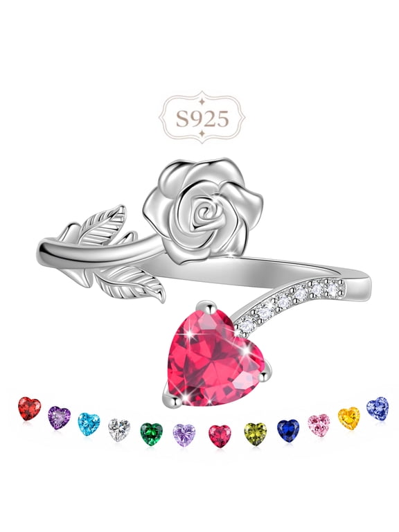 Rose Heart Birthstone Ring,925 Sterling Silver Adjustable Open Heart Rings Jewelry Gifts for Women Mom -July