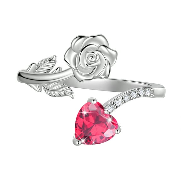 Beautlace Rose Heart Birthstone Ring,925 Sterling Silver Adjustable Open Heart Rings Jewelry Gifts for Women Mom -July