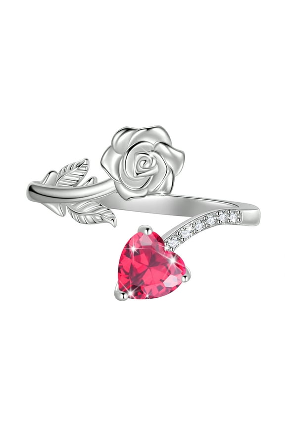 Rose Heart Birthstone Ring,925 Sterling Silver Adjustable Open Heart Rings Jewelry Gifts for Women Mom -July