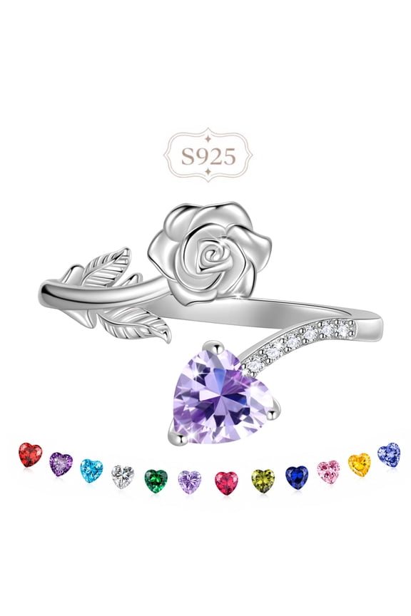 Rose Heart Birthstone Ring,925 Sterling Silver Adjustable Open Heart Rings Jewelry Gifts for Women Mom -June
