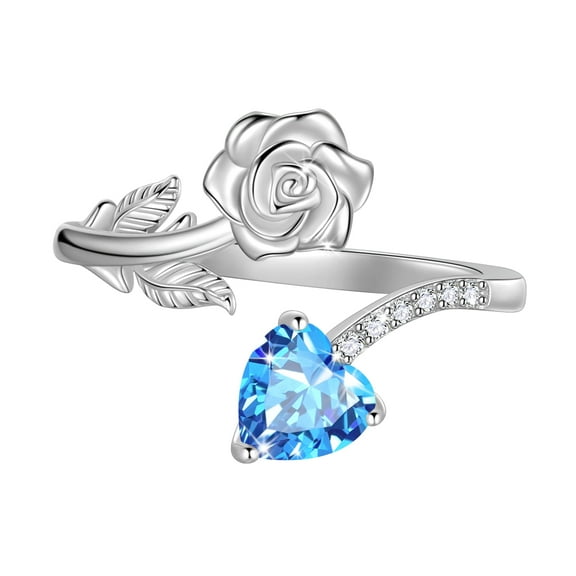Beautlace Rose Heart Birthstone Ring,925 Sterling Silver Adjustable Open Heart Rings Jewelry Gifts for Women Mom -March