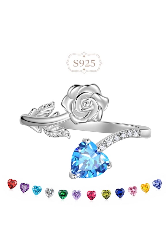 Rose Heart Birthstone Ring,925 Sterling Silver Adjustable Open Heart Rings Jewelry Gifts for Women Mom -March