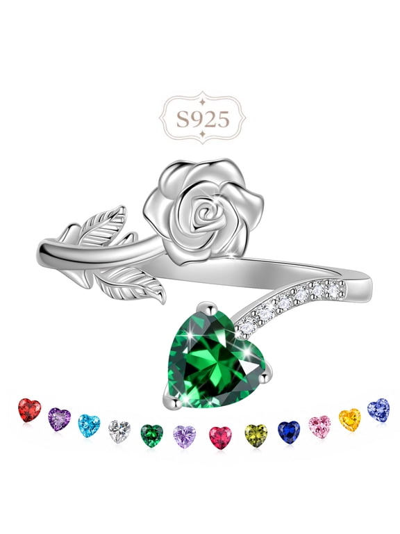 Rose Heart Birthstone Ring,925 Sterling Silver Adjustable Open Heart Rings Jewelry Gifts for Women Mom -May