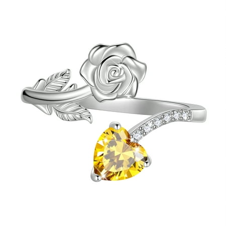 Beautlace Rose Heart Birthstone Ring,925 Sterling Silver Adjustable Open Heart Rings Jewelry Gifts for Women Mom -November