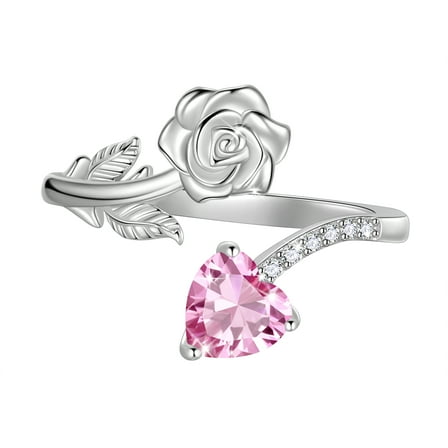 Beautlace Rose Heart Birthstone Ring,925 Sterling Silver Adjustable Open Heart Rings Jewelry Gifts for Women Mom -October